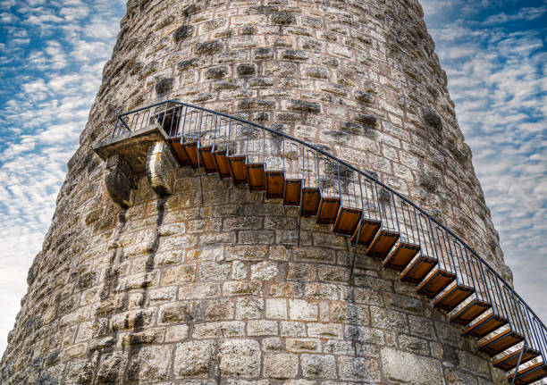 Low angle view of bell tower of cathedral in Old Town, Trogir, Dalmatia Region, Croatia, Europe.