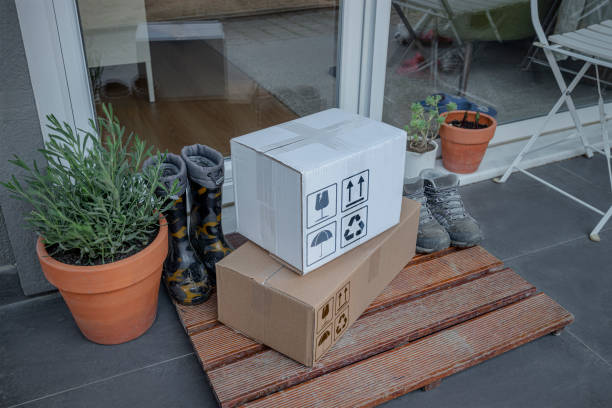 istock Cardboard package delivery at patio door. 1317345230