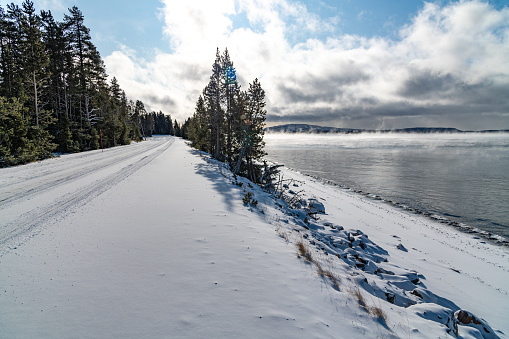 End of October and the start of snow in Yellowstone on the drive along Yellowstone Lake. Yellowstone National Park is in the northwest corner of Wyoming with a bit in Montana and Idaho.