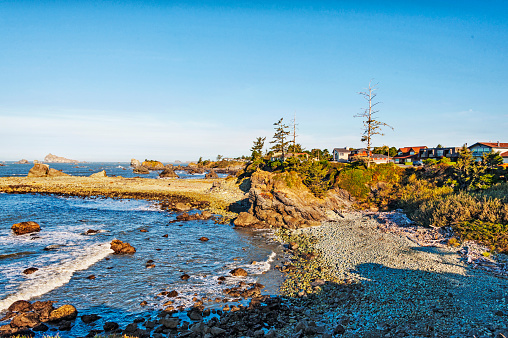 This beautiful Shoreline of the Pacific Ocean is alongside Crescent City, where there are many outcropping of rocks and beach views and of course the Ocean  with a variety of views