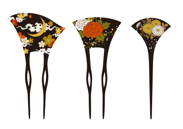 Illustration set of Lacquered hair stick “Kanzashi” Illustration set of Japanese Lacquered hair stick “Kanzashi” oiran stock illustrations