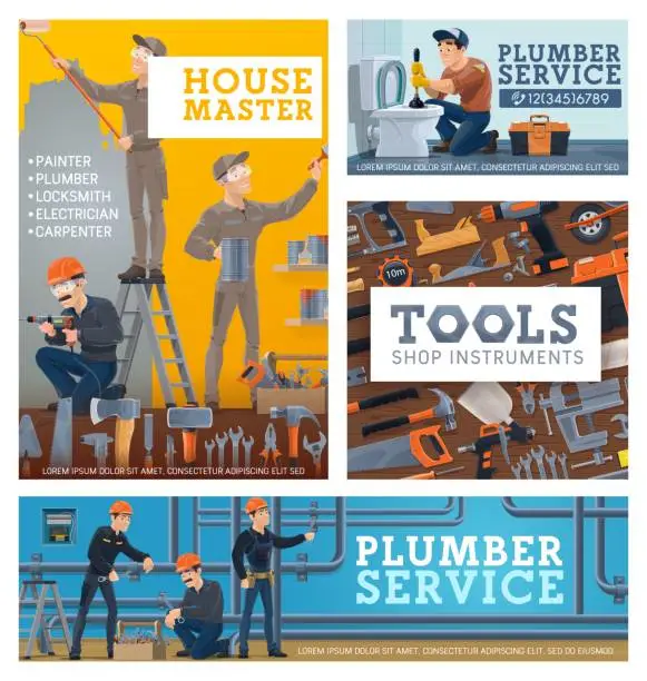 Vector illustration of House repair services workers, tools shop banners