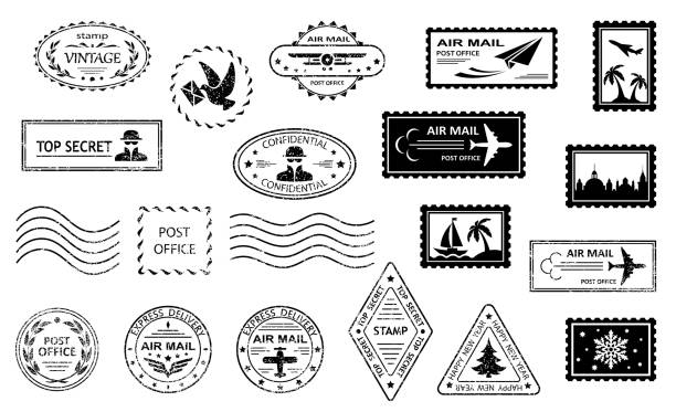 ilustrações de stock, clip art, desenhos animados e ícones de postal stamps and postmarks. set signs. vector - postage stamp backgrounds correspondence delivering