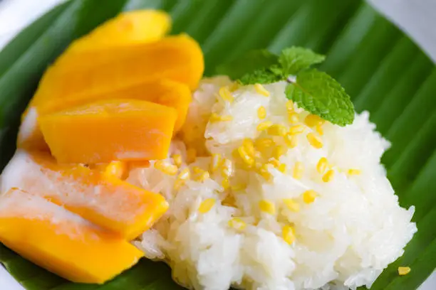Ripe mango rice cooked with coconut milk, Asian Thai dessert tropical sweet mango peel and sliced with yellow bean on banana leaf and fresh mint leaves, Mango sticky rice summer fruit food