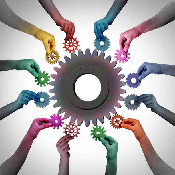 Together In Business Together in business as a teamwork unity and employment or employee concept or industry workers metaphor for joining a partnership as diverse people connected together with 3D illustration elements.. clockworks photos stock pictures, royalty-free photos & images