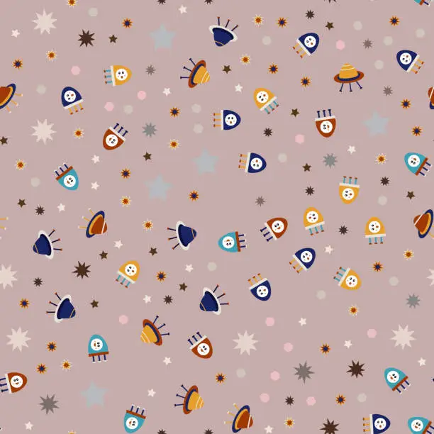 Vector illustration of Ufo, space pattern. Vector illustration . Stars, rockets, planets, asteroids, meteorites. Fabrics and textiles for baby, children, kid. Seamless, endless universe background with aliens.