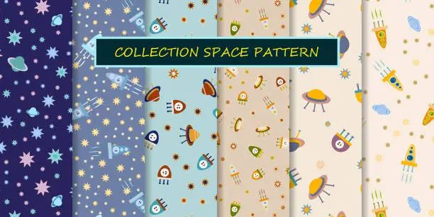 Vector illustration of Ufo, space. Set of vector illustration patterns. Stars, rockets, planets. Fabrics and textiles for baby, children, kid. Seamless, endless universe background with aliens. Collection of cosmic patterns