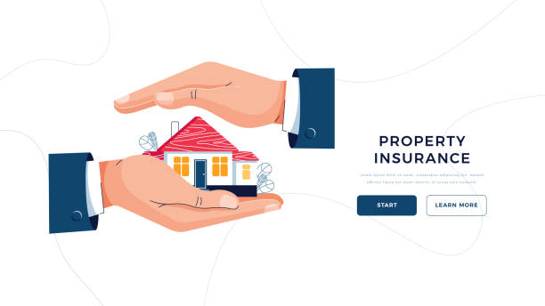Property insurance template for landing page. Male hands are covering house. Property insurance concept, real estate protection, home safety security vector illustration. Flat cartoon design Property insurance template for landing page. Male hands are covering house. Property insurance concept, real estate protection, home safety security vector illustration. Modern flat cartoon design insurance agent illustrations stock illustrations