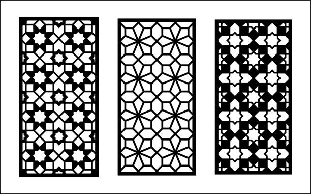 ilustrações, clipart, desenhos animados e ícones de padrão laser cnc. conjunto de painéis vetoriais decorativos, tela para corte a laser. modelo cnc para divisor de quartos em estilo árabe. proporção 1 a 2. - fretwork