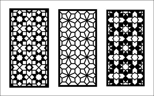 Cnc laser pattern. Set of decorative vector panels,screen for laser cutting. Cnc template for room divider in arabic style. Ratio 1 to 2. Cnc laser pattern. Set of decorative vector panels,screen for laser cutting. Cnc template for room divider in arabic style. Ratio 1 to 2 moroccan wall stencils stock illustrations