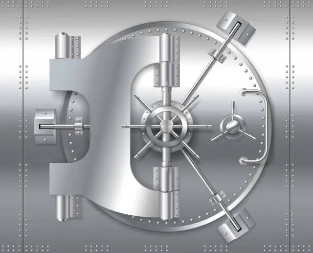 Vector illustration of Bank safe vault door, realistic metal steel round gate mechanism to bunker room
