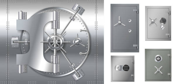 istock Set of safe lockers doors. Closed strongboxes realistic isolated. Steel banking safes and vaults 1317362140