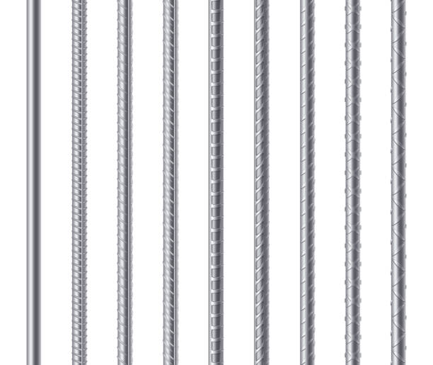 Rebars, metal reinforcement steel rods isolated on white background. Construction metal armature Rebars, metal reinforcement steel rods isolated on white background. Construction metal armature, endless bar realistic set. 3d vector illustration grill rods stock illustrations