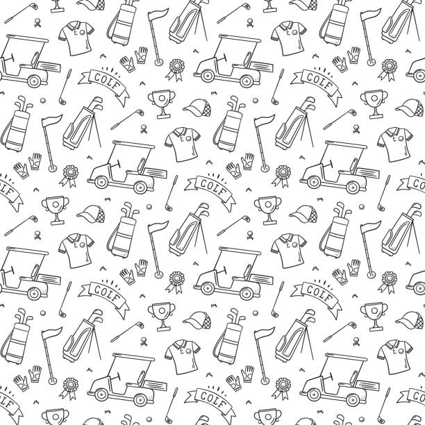 golf bez szwu wzór - klub, piłka, flaga, torba i wózek golfowy w stylu doodle. ilustracja wektora rysowana ręcznie - golf background stock illustrations
