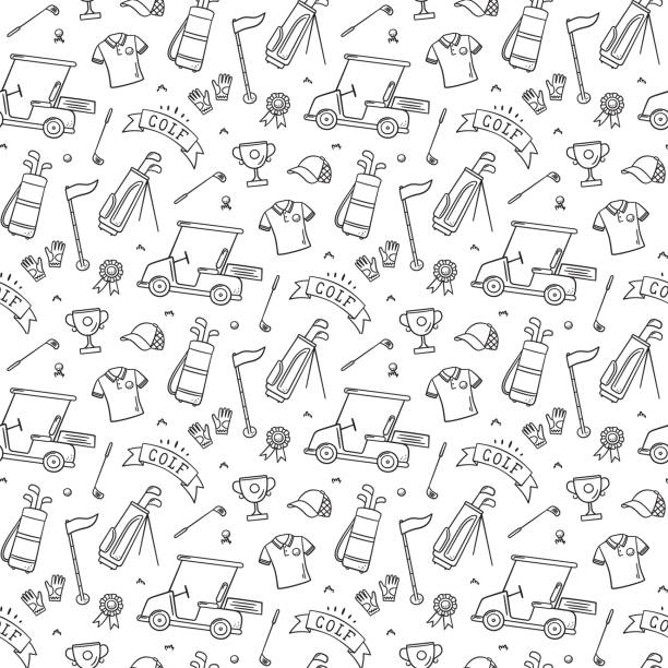 ilustrações de stock, clip art, desenhos animados e ícones de golf seamless pattern - club, ball, flag, bag and golf cart in doodle style. hand drawn vector illustration - tee golf golf club ball