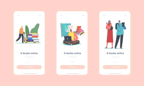 Vector illustration of Online E-books Mobile App Page Onboard Screen Template. Tiny Characters with Digital Devices Reading Books in Internet