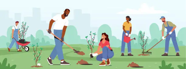 Vector illustration of Reforestation, Nature and Ecology Concept. World Environment Day, Characters Planting Seedlings and Growing Trees