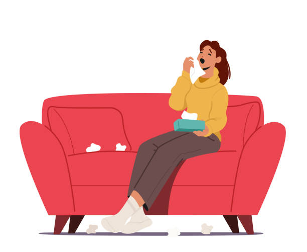 Flu and Viral Infection Sickness Concept. Diseased Woman Sneezing with Wipes around. Female Character Coughing, Sneeze Flu and Viral Infection Sickness Concept. Diseased Woman Sneezing with Wipes around. Female Character Coughing Having Cold or Coronavirus Symptom, Medicine and Illness. Cartoon Vector Illustration cartoon of the saying goodbye stock illustrations
