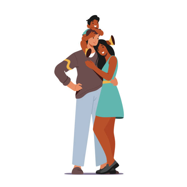 mutlu aile sarılması. ebeveynler ve bebek sevgisi, şefkat. baba omuzlarında oturan anne ve sevimli yürümeye başlayan çocuk - happy family stock illustrations