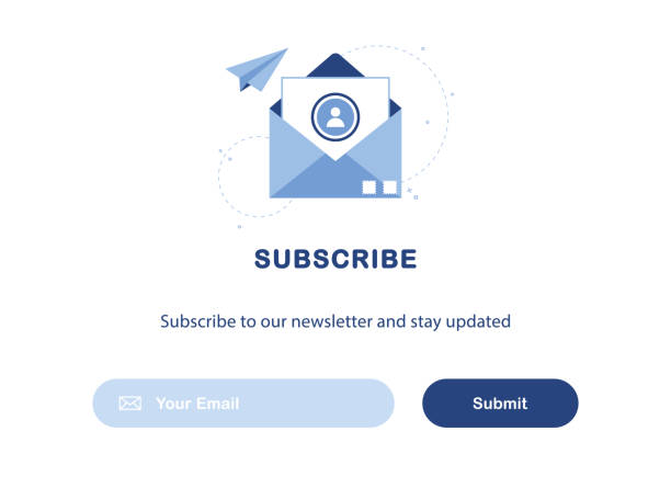 Subscribe banner template Banner illustration of email marketing. Subscription to newsletter, news, offers, promotions. A letter in an envelope. Template. Send by mail. Subscribe, submit. Blue and White. Eps 10 email subscription stock illustrations