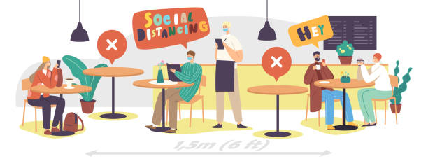 Social Distance and New Normal After Pandemic. Male Female Characters in Cafe or Restaurant After Coronavirus Outbreak Social Distance and New Normal After Global Pandemic. Male Female Characters in Cafe or Restaurant After Coronavirus Outbreak Waiter in Mask Bringing Order and Menu. Cartoon People Vector Illustration person sitting on fence stock illustrations