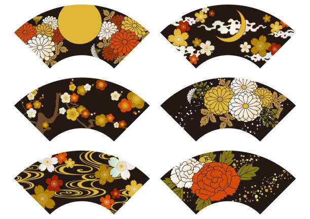 fächerförmige traditionelle japanische muster illustration von lackware, maki-e und perlmutt-inlay - mother of pearl stock-grafiken, -clipart, -cartoons und -symbole