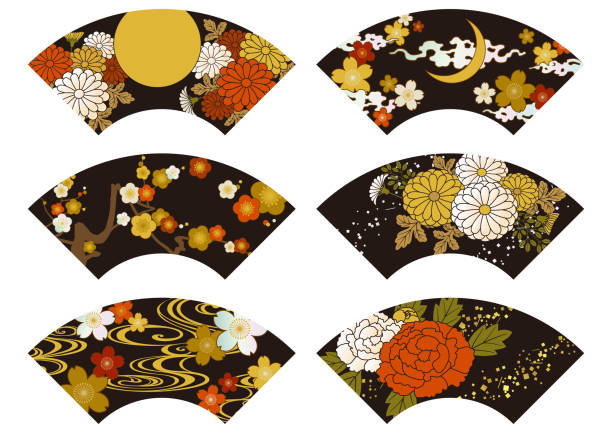 Fan-shaped traditional Japanese pattern illustration of lacquer ware, maki-e and mother-of-pearl inlay Fan-shaped traditional Japanese pattern illustration of lacquer ware, maki-e and mother-of-pearl inlay. -Black background oiran stock illustrations