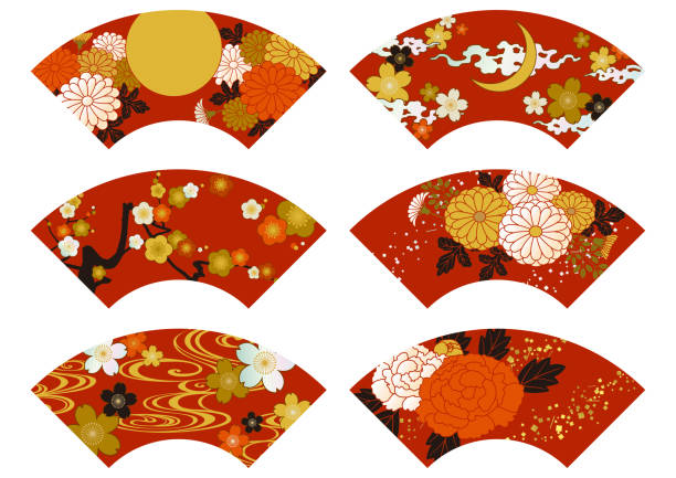 Fan-shaped traditional Japanese pattern illustration of lacquer ware, maki-e and mother-of-pearl inlay Fan-shaped traditional Japanese pattern illustration of lacquer ware, maki-e and mother-of-pearl inlay. -Red background oiran stock illustrations