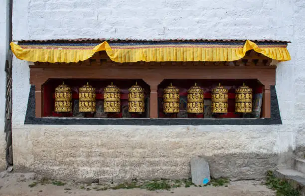 Photo of Rows of prayer wheel on the wall in Kathmandu city of Nepal.