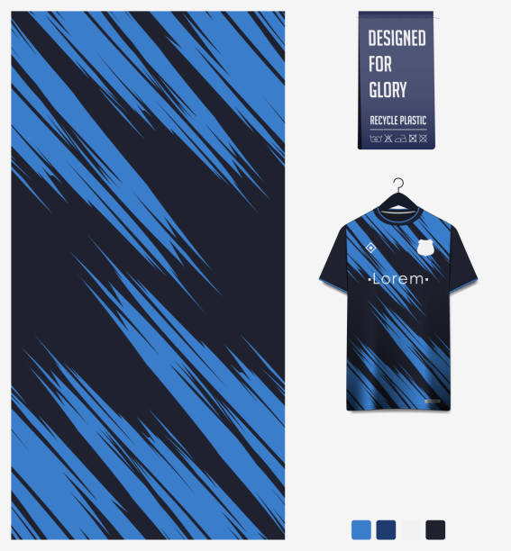 ilustraciones, imágenes clip art, dibujos animados e iconos de stock de diseño de patrón de camiseta de fútbol.  patrón abstracto sobre fondo azul para kit de fútbol, kit de fútbol o uniforme deportivo. plantilla de maqueta de camiseta. patrón de tela. antecedentes deportivos. - striped shirt