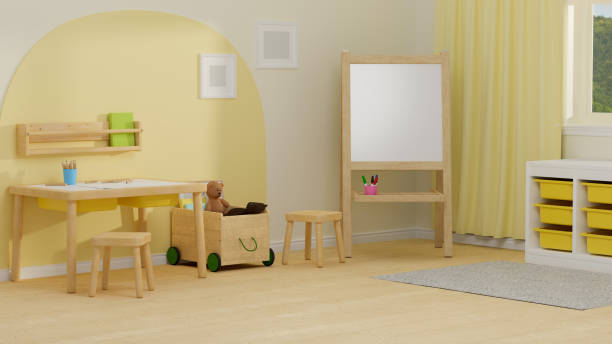 istock 3D rendering, cozy children room interior design with study table, white board, playthings, shelves and decorations 1317375647