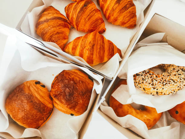 table top view bakery croissant bagel and pains au chocolat