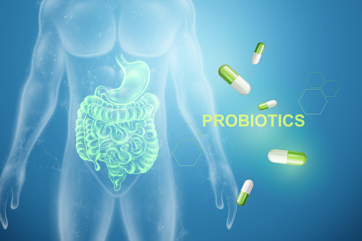 Image of intestines and pills, inscription probiotics. The concept of diet, intestinal microflora, microorganisms, healthy digestion. 3D render, 3D illustration