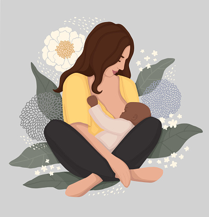 a white woman is breastfeeding her black newborn baby. vector illustration on a background of leaves and flowers. for poster, banner, postcard, magazine or book cover, support for interracial families