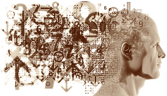 A figure side silhouette overlaid with a collection of various numerals, arrows, gears and computer circuit details. The object collection represents the endless thinking processes and details considered by the thought process and mind.