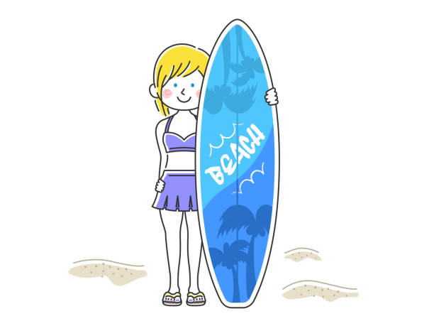 illustrazioni stock, clip art, cartoni animati e icone di tendenza di illustrazione di una donna in costume da bagno con una tavola da surf. - one person white background swimwear surfboard
