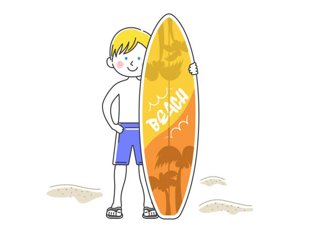 illustrazioni stock, clip art, cartoni animati e icone di tendenza di illustrazione di un uomo in costume da bagno con una tavola da surf. - one person white background swimwear surfboard