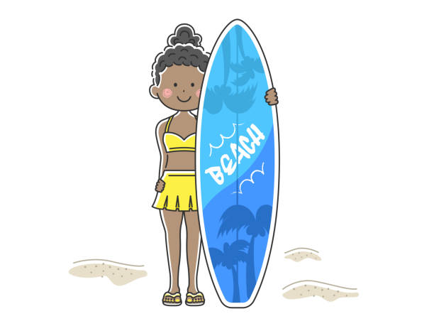 illustrazioni stock, clip art, cartoni animati e icone di tendenza di illustrazione di una donna in costume da bagno con una tavola da surf. - one person white background swimwear surfboard