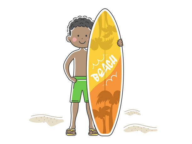 illustrazioni stock, clip art, cartoni animati e icone di tendenza di illustrazione di un uomo in costume da bagno con una tavola da surf. - one person white background swimwear surfboard