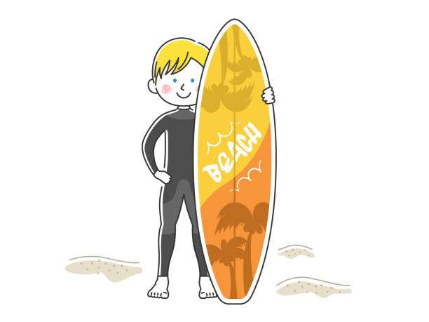 illustrazioni stock, clip art, cartoni animati e icone di tendenza di illustrazione di un uomo che indossa una muta con una tavola da surf. - one person white background swimwear surfboard