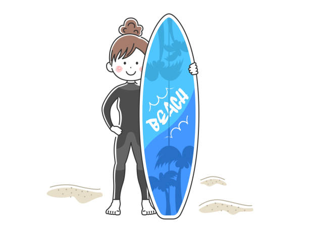 illustrazioni stock, clip art, cartoni animati e icone di tendenza di illustrazione di una donna in muta con una tavola da surf. - one person white background swimwear surfboard