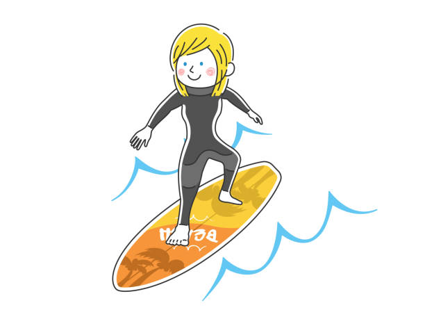 illustrazioni stock, clip art, cartoni animati e icone di tendenza di illustrazione di una donna che naviga. - one person white background swimwear surfboard