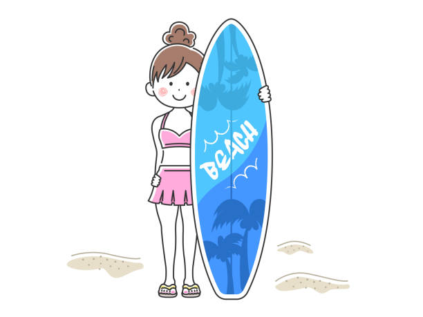illustrazioni stock, clip art, cartoni animati e icone di tendenza di illustrazione di una donna in costume da bagno con una tavola da surf. - one person white background swimwear surfboard
