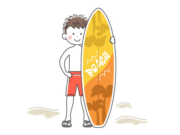 illustrazioni stock, clip art, cartoni animati e icone di tendenza di illustrazione di un uomo in costume da bagno con una tavola da surf. - one person white background swimwear surfboard