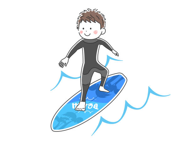 illustrazioni stock, clip art, cartoni animati e icone di tendenza di illustrazione di un uomo che naviga. - one person white background swimwear surfboard