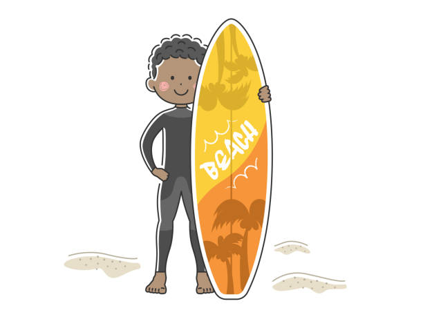 illustrazioni stock, clip art, cartoni animati e icone di tendenza di illustrazione di un uomo che indossa una muta con una tavola da surf. - one person white background swimwear surfboard