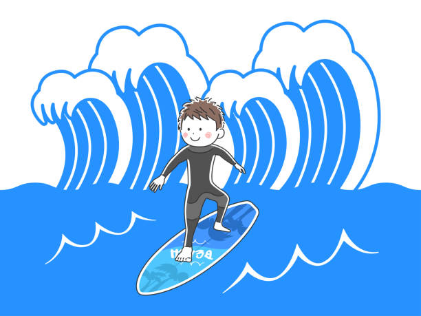 illustrazioni stock, clip art, cartoni animati e icone di tendenza di illustrazione di un uomo che naviga nel mare. - one person white background swimwear surfboard