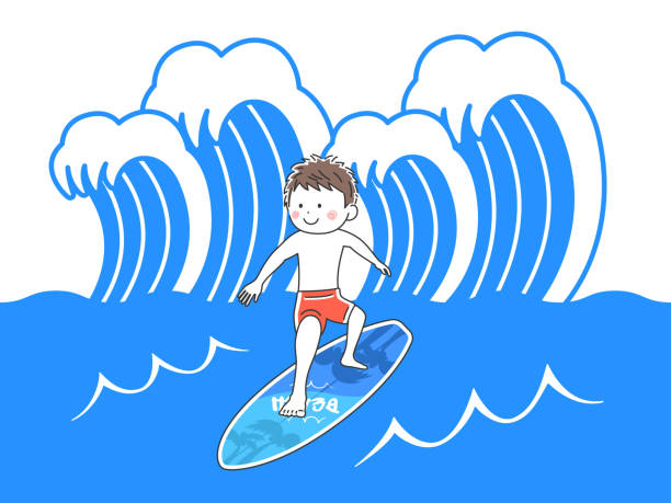 illustrazioni stock, clip art, cartoni animati e icone di tendenza di illustrazione di un uomo che naviga nel mare. - one person white background swimwear surfboard