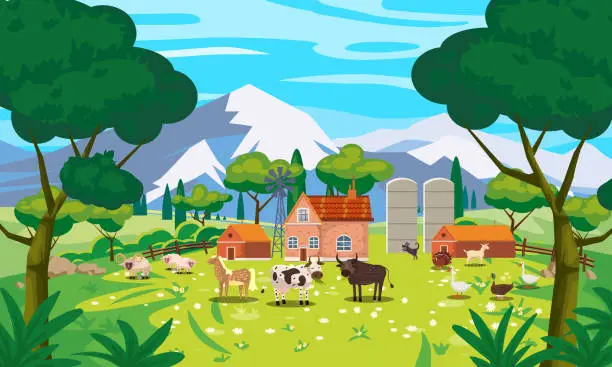 Vector illustration of Rural Landscape farm scenery view, mountaines, green meadow, flowers, trees. Countryside nature, farm animals cow, sheeps, horse, bull, goose, duck, goat, buildings. Vector illustration