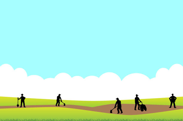 landscape of country side fields and farmers landscape of country side fields and farmers farmer silhouettes stock illustrations